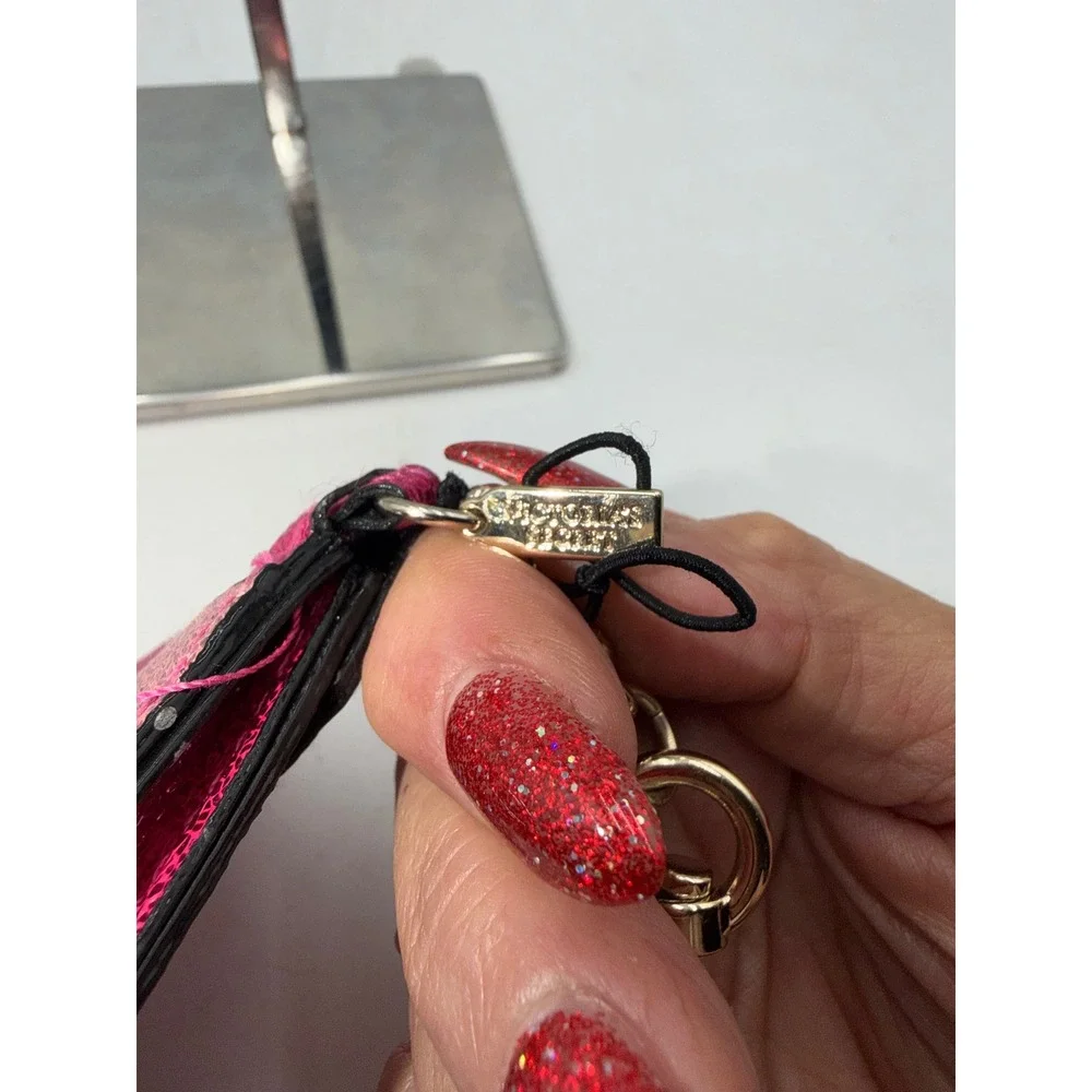 Victorias Secret Pink Glitter Envelope Card Case Red Lips Keychain Wallet